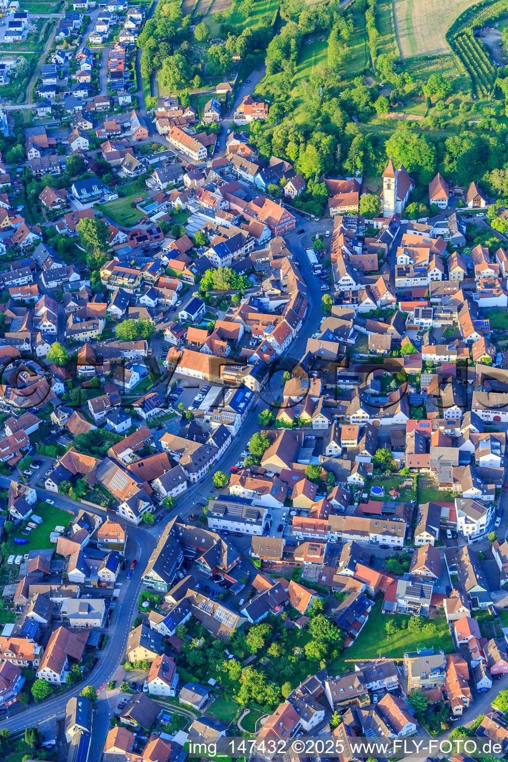 Aerial view of Main Street in Malterdingen in the state Baden-Wuerttemberg, Germany