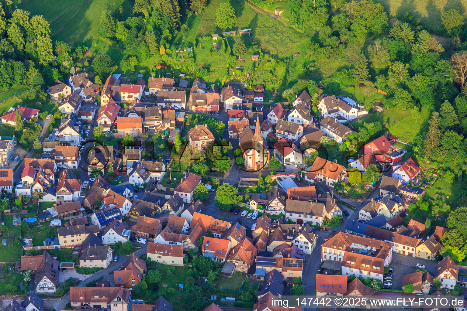 View of the wine-growing village with the church of St. Gallus from the west in the district Heimbach in Teningen in the state Baden-Wuerttemberg, Germany