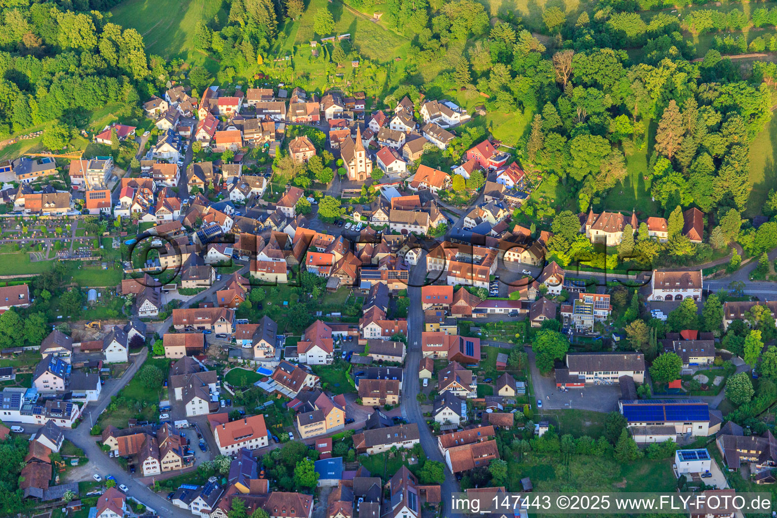 Aerial view of View of the wine-growing town from the west in the district Heimbach in Teningen in the state Baden-Wuerttemberg, Germany