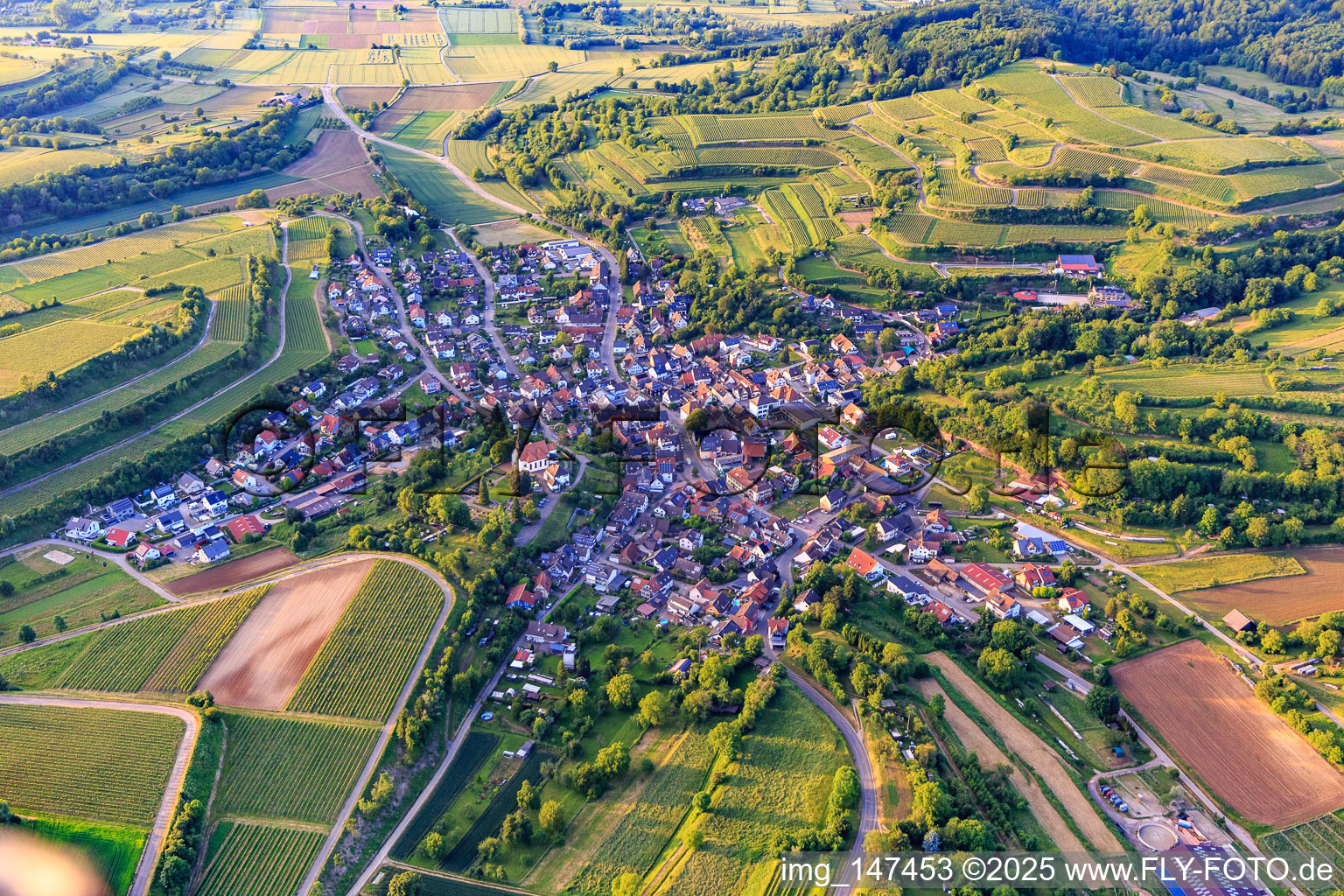 Wine village view from the south in the district Bombach in Kenzingen in the state Baden-Wuerttemberg, Germany