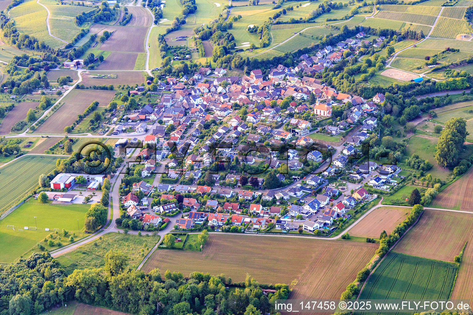 View of the winegrowing village from the southeast in the district Tutschfelden in Herbolzheim in the state Baden-Wuerttemberg, Germany