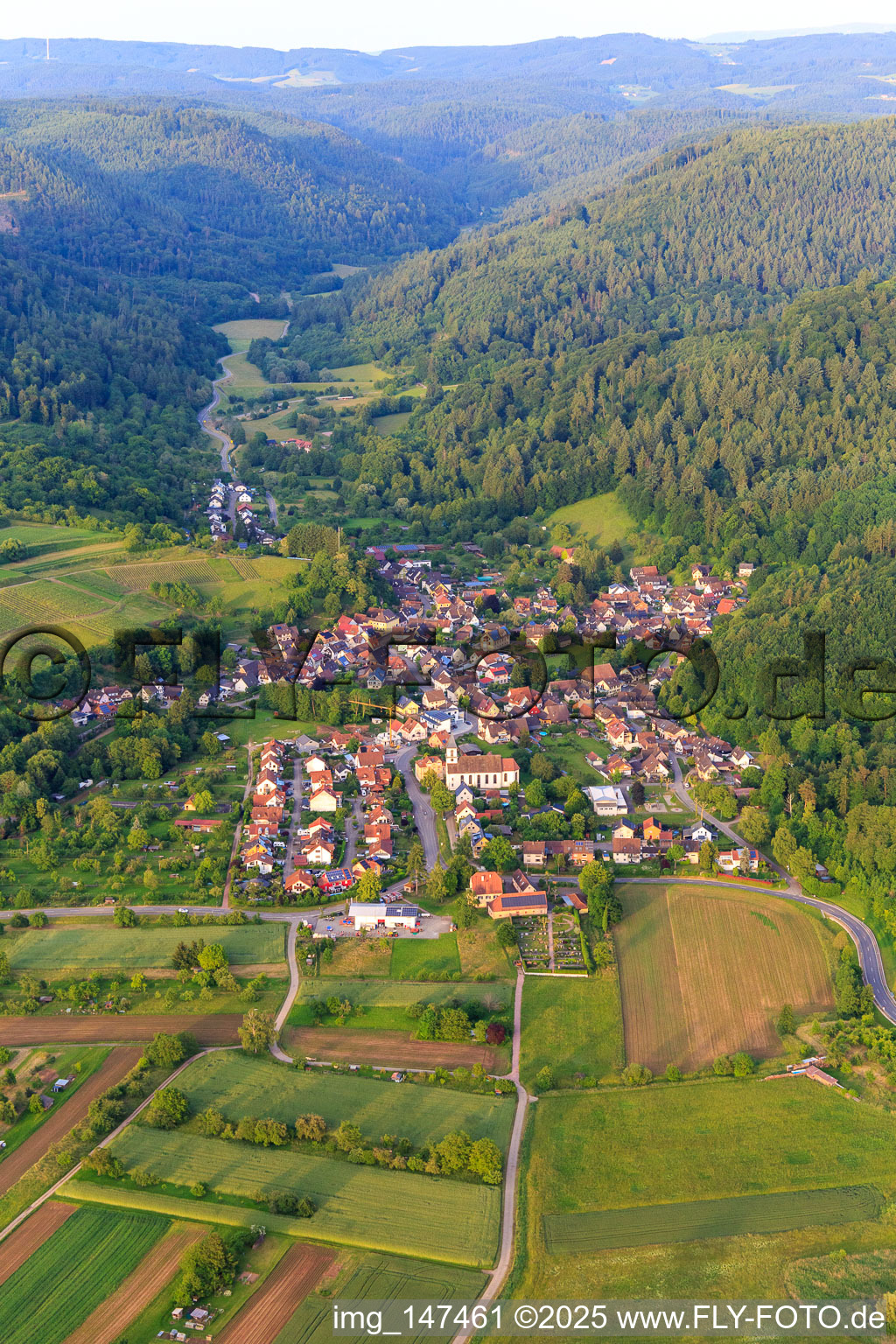 View of the winegrowing village in the Bleichtal from the west with the church of St. Hilarius in the district Bleichheim in Herbolzheim in the state Baden-Wuerttemberg, Germany