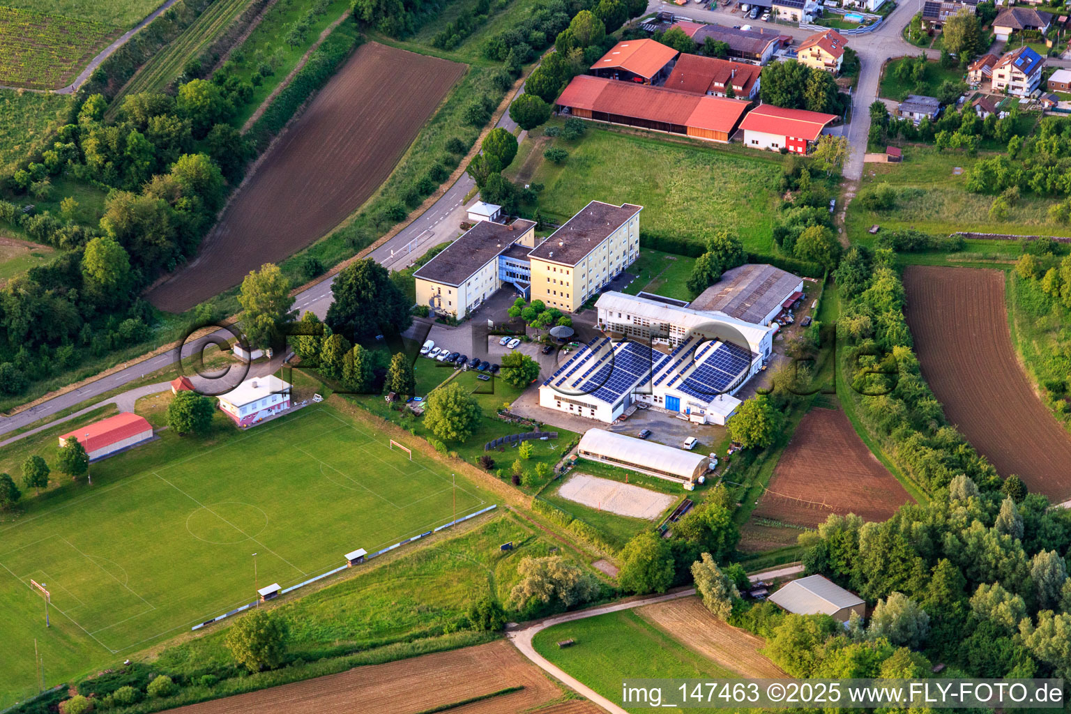 Gunther Schmidt metalworking and metal construction, rehabilitation clinic and sports field of SV Broggingen in the district Broggingen in Herbolzheim in the state Baden-Wuerttemberg, Germany