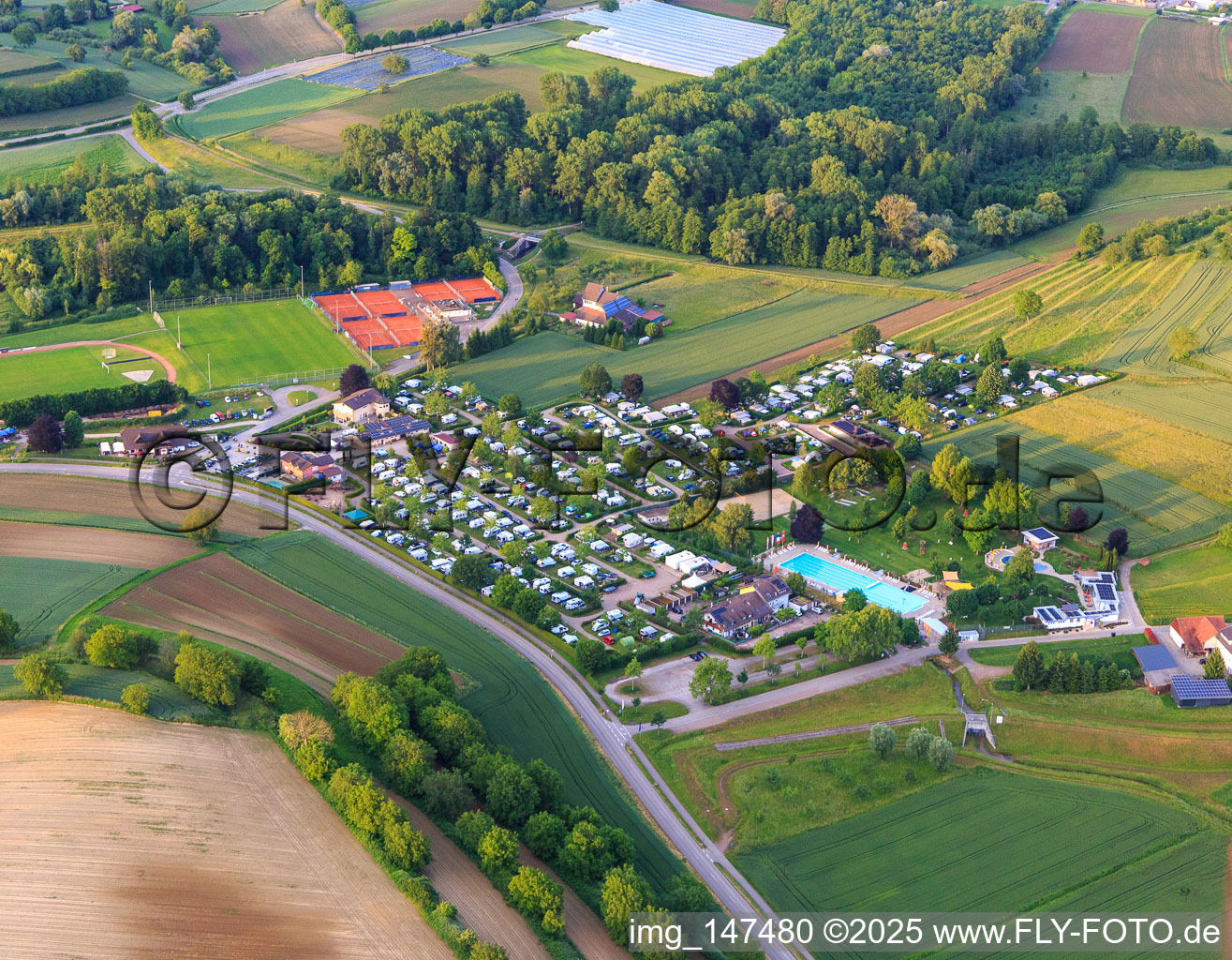 Aerial view of Campingpark Oase at the Carl-Hermann-Jäger outdoor pool and tennis club Ettenheim eV in Ettenheim in the state Baden-Wuerttemberg, Germany