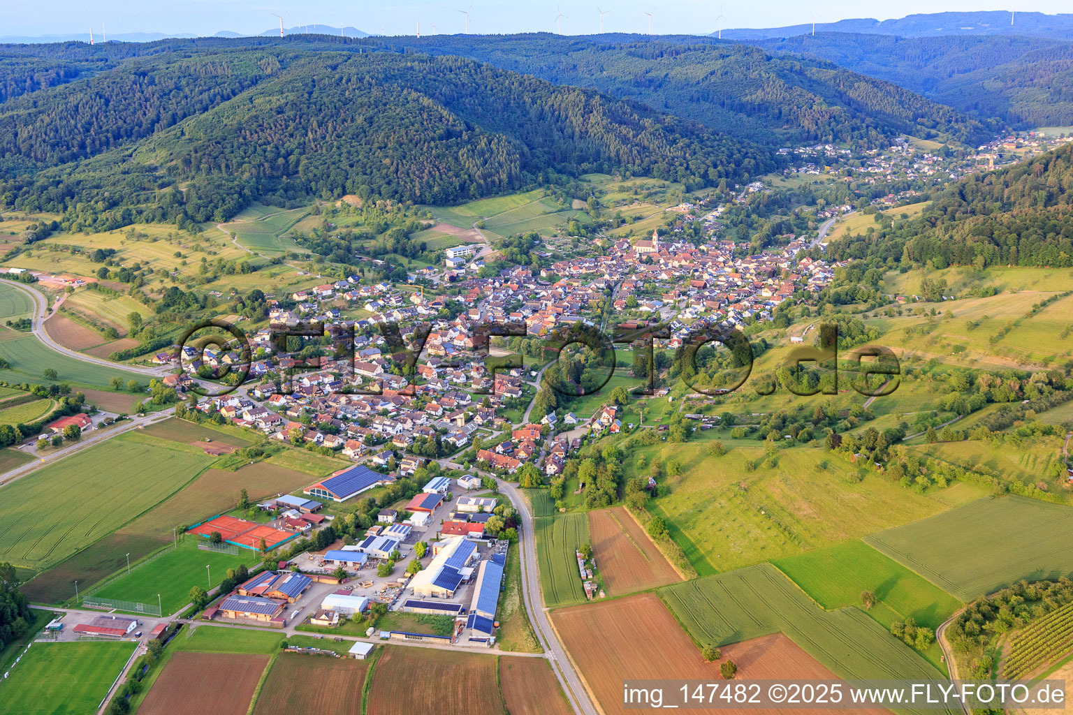 Village view in the Ettenbachtal from the west in the district Münchweier in Ettenheim in the state Baden-Wuerttemberg, Germany