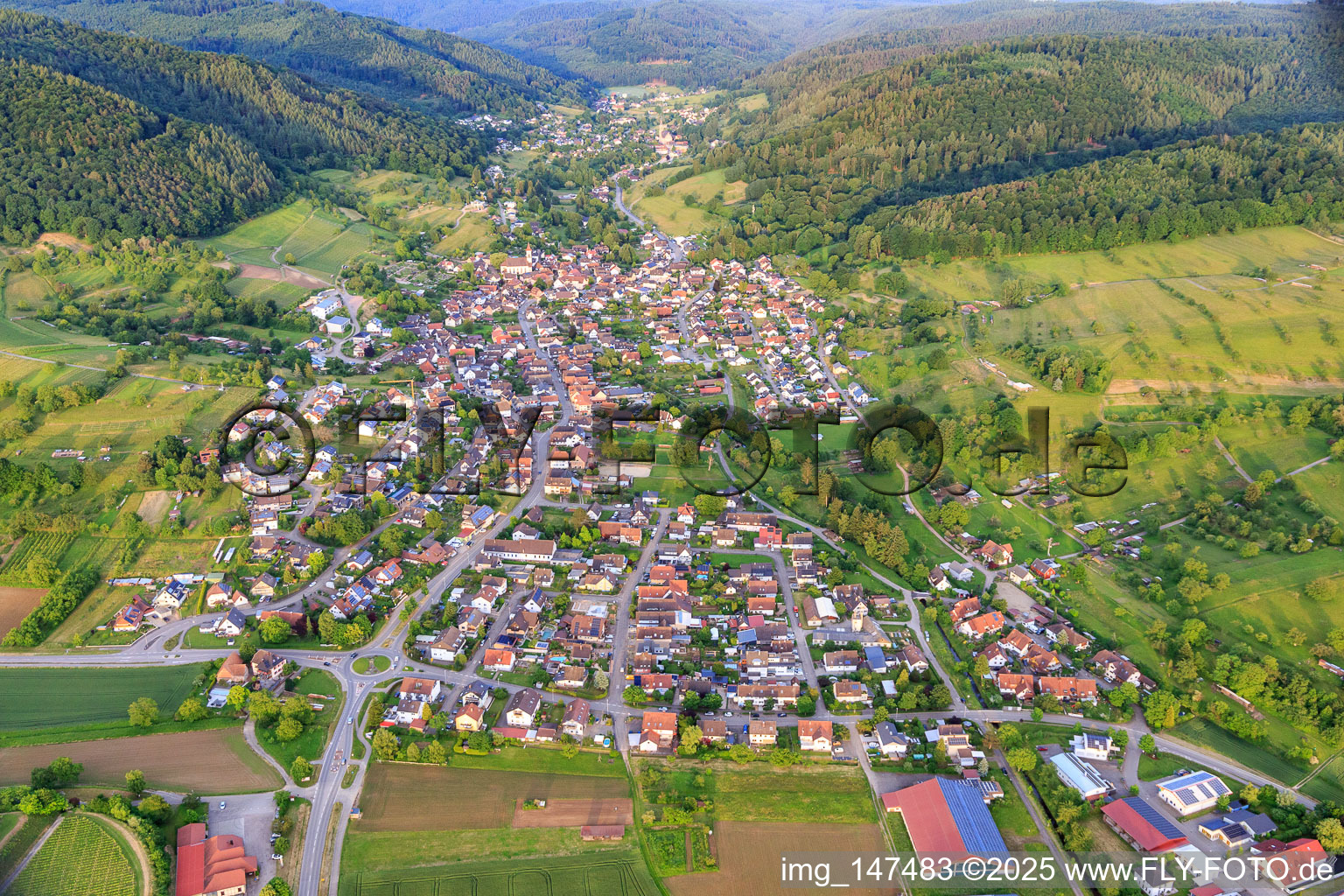 Aerial view of Village view in the Ettenbachtal from the west in the district Münchweier in Ettenheim in the state Baden-Wuerttemberg, Germany