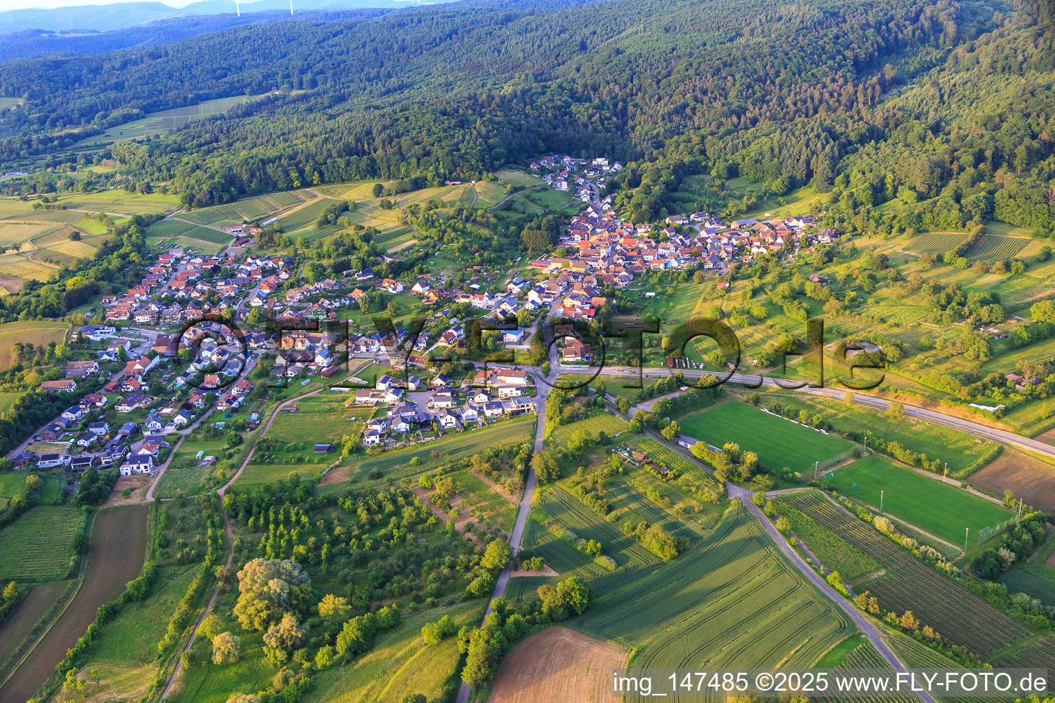 Village view from the southwest in the district Wallburg in Ettenheim in the state Baden-Wuerttemberg, Germany