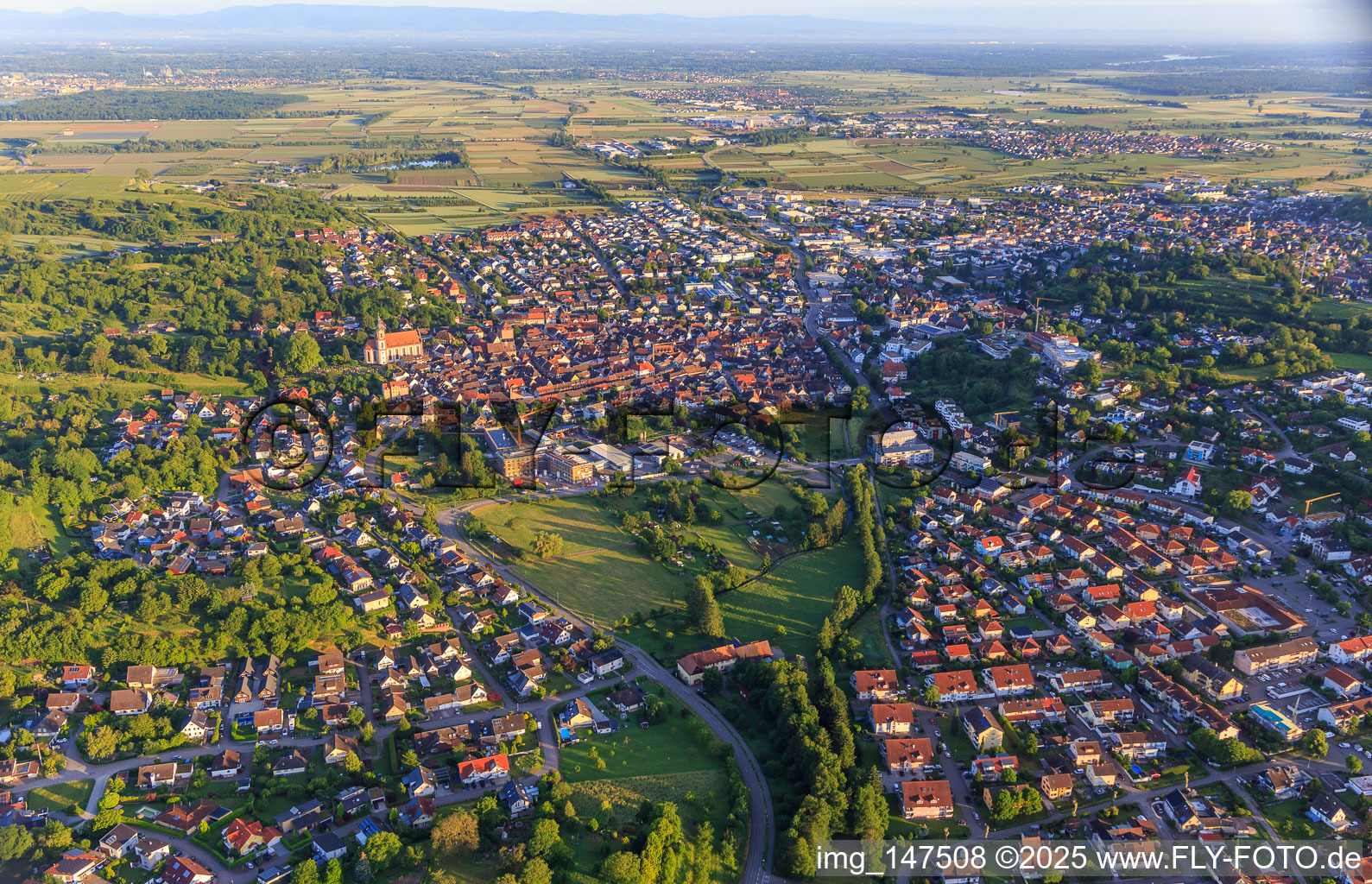 Aerial view of City view from the east in Ettenheim in the state Baden-Wuerttemberg, Germany