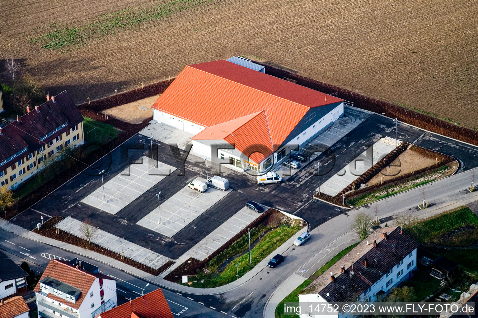 Oblique view of On the Höhenweg, new Netto market building in Kandel in the state Rhineland-Palatinate, Germany