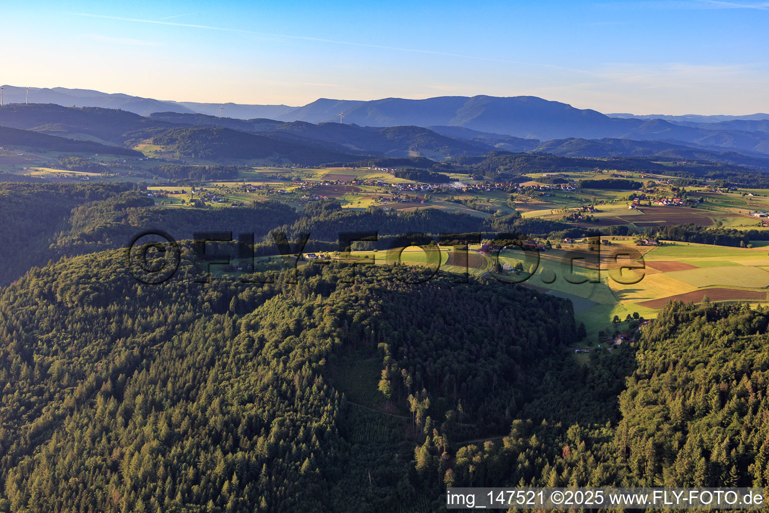 Aerial photograpy of Hamlet on the Black Forest plateau in the district Ottoschwanden in Freiamt in the state Baden-Wuerttemberg, Germany