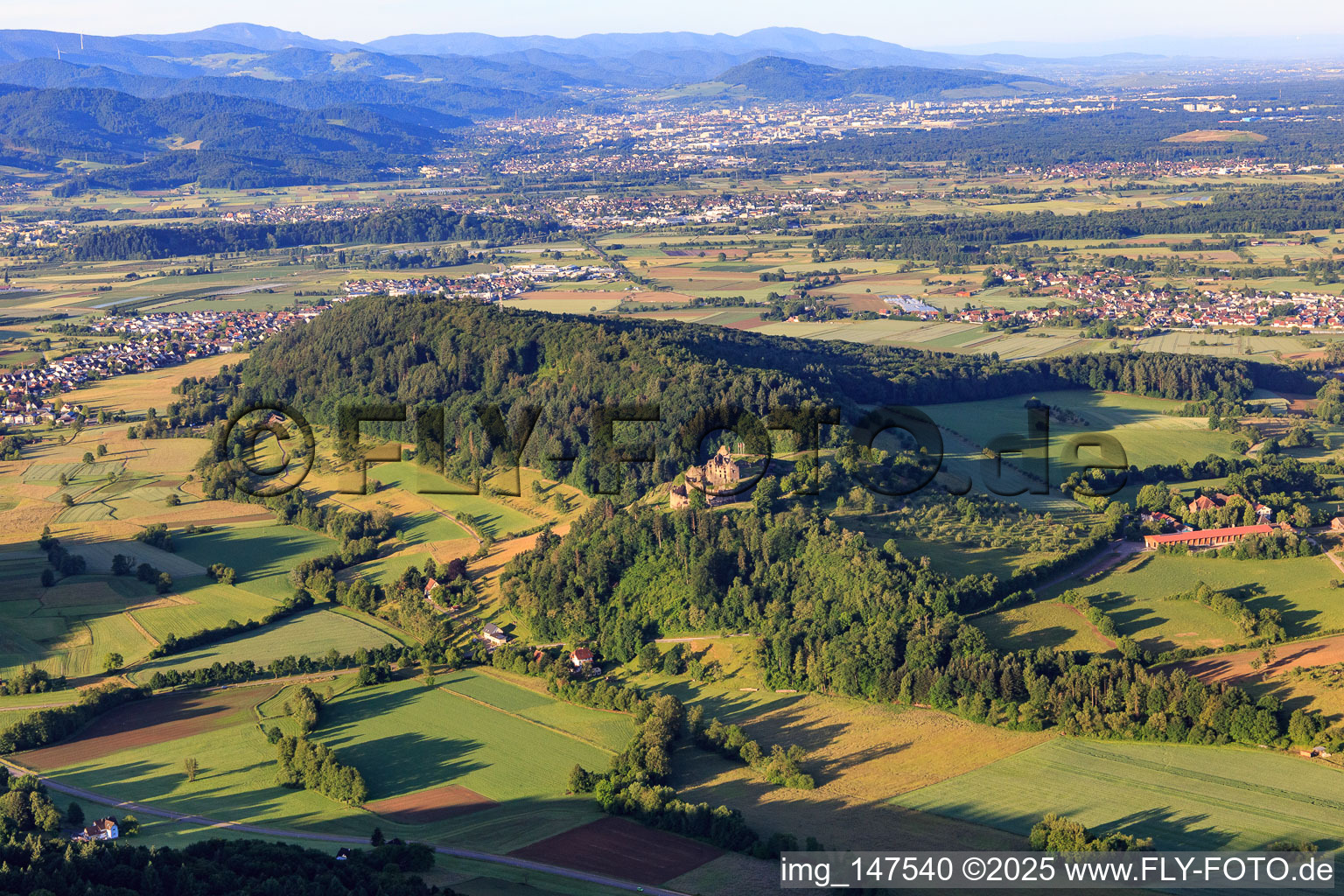 Breitenbachtal with fortress ruins Hochburg near Emmendingen from the north in the district Mühlebächle in Sexau in the state Baden-Wuerttemberg, Germany