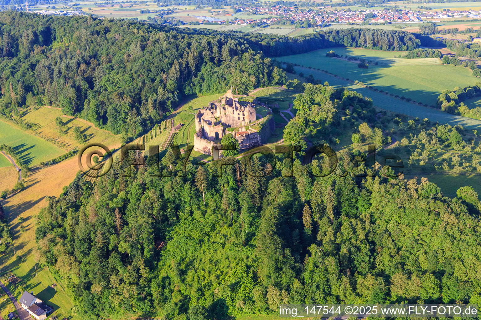 Aerial view of Fortress ruins Hochburg near Emmendingen from the north in the district Windenreute in Emmendingen in the state Baden-Wuerttemberg, Germany