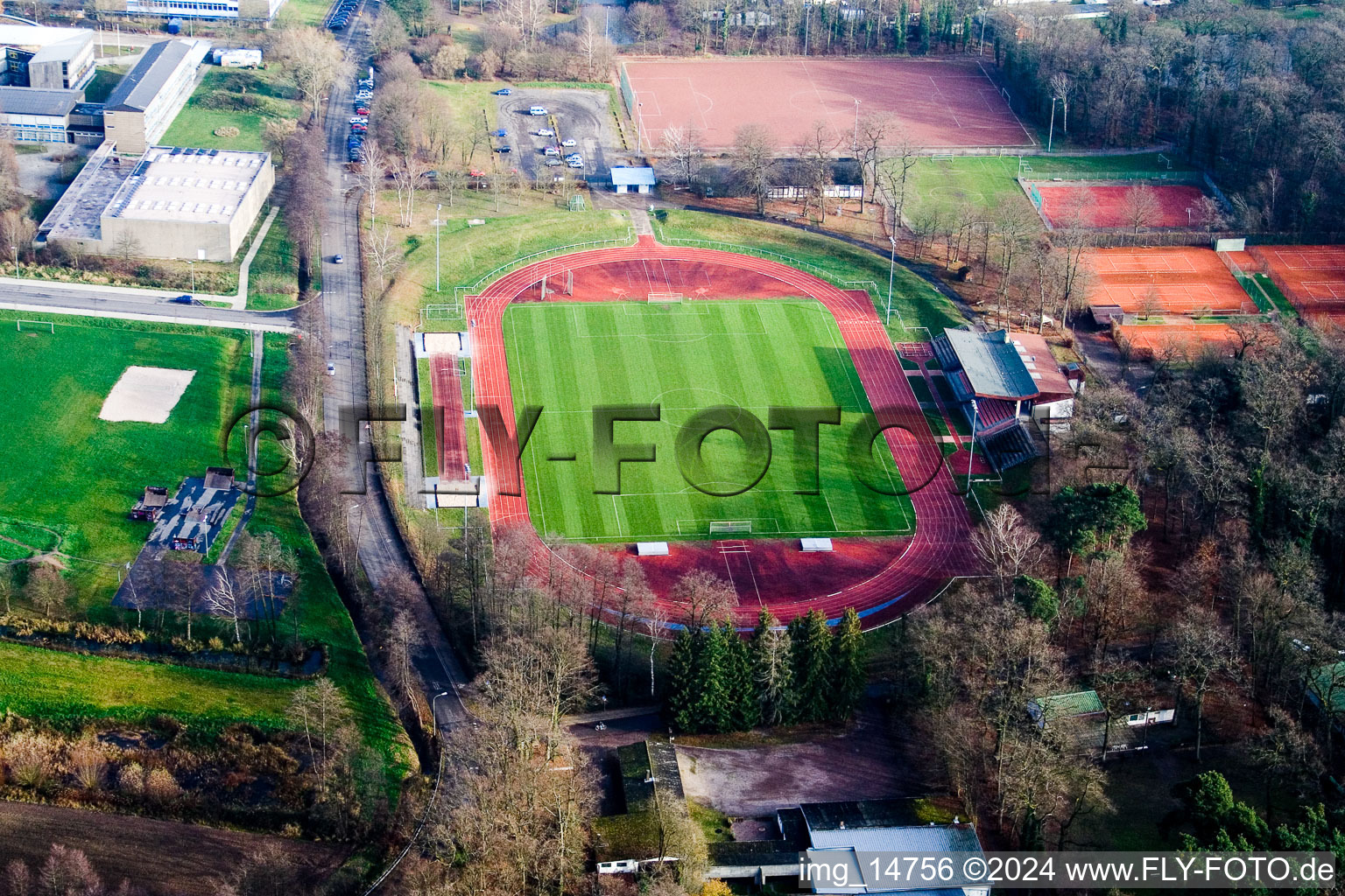 Aerial view of Bienwald Stadium in Kandel in the state Rhineland-Palatinate, Germany