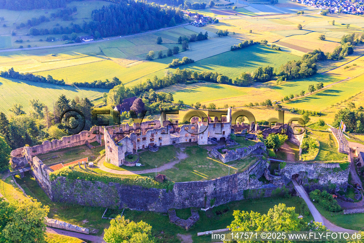 Aerial photograpy of Fortress ruins Hochburg near Emmendingen from the west in the district Windenreute in Emmendingen in the state Baden-Wuerttemberg, Germany