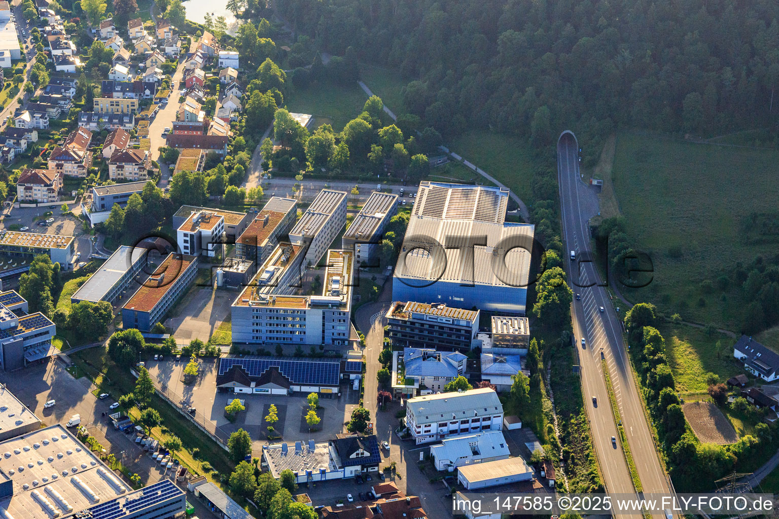 Aerial view of Industrial area with SICK AG in Waldkirch in the state Baden-Wuerttemberg, Germany
