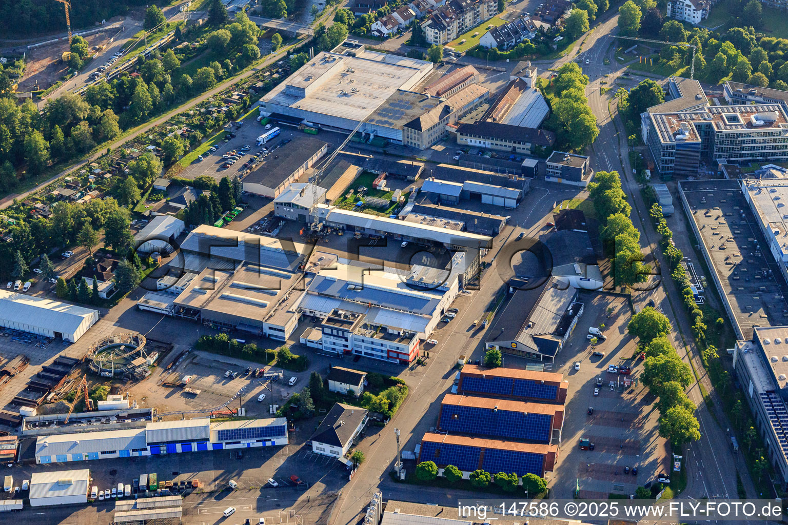 Industrial area with MACK Rides GmbH & Co KG in Waldkirch in the state Baden-Wuerttemberg, Germany