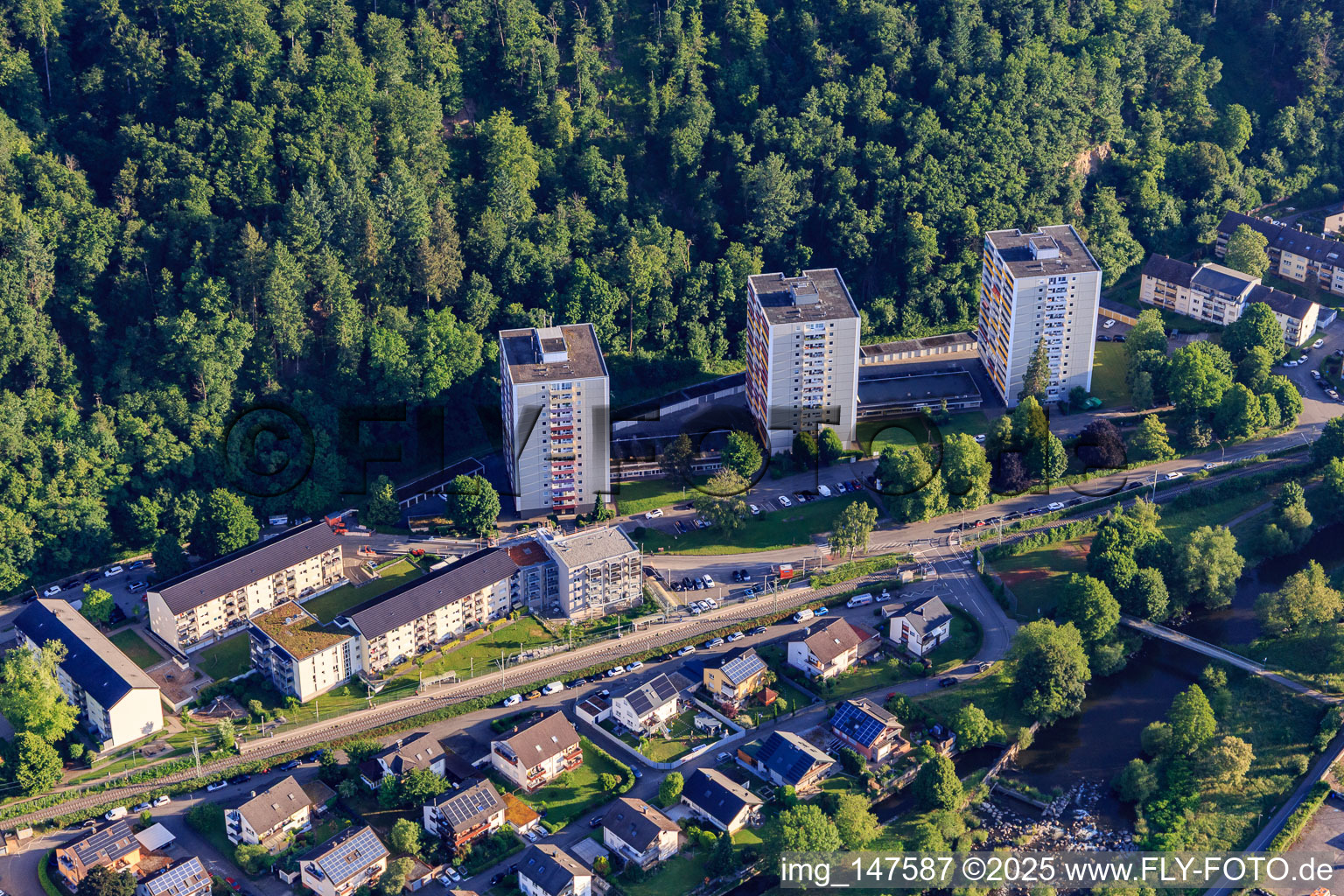 Three residential towers on Ignaz-Bruder-Straße in the district Batzenhäusle in Waldkirch in the state Baden-Wuerttemberg, Germany