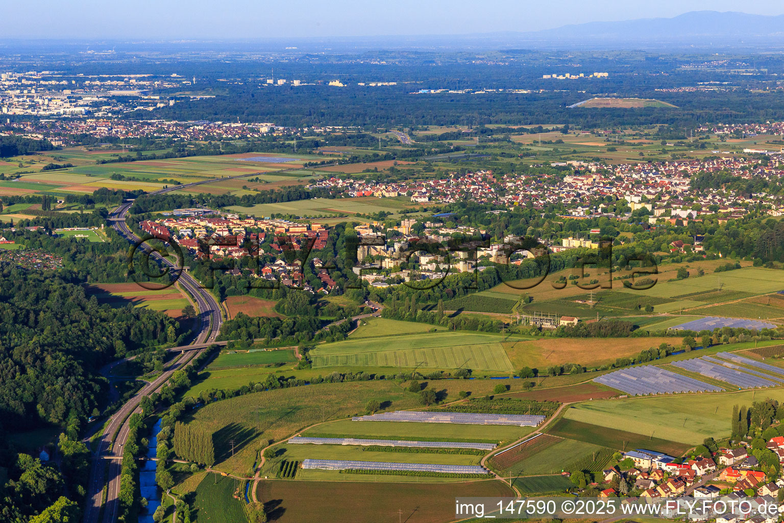 View of the town from the northwest in Denzlingen in the state Baden-Wuerttemberg, Germany