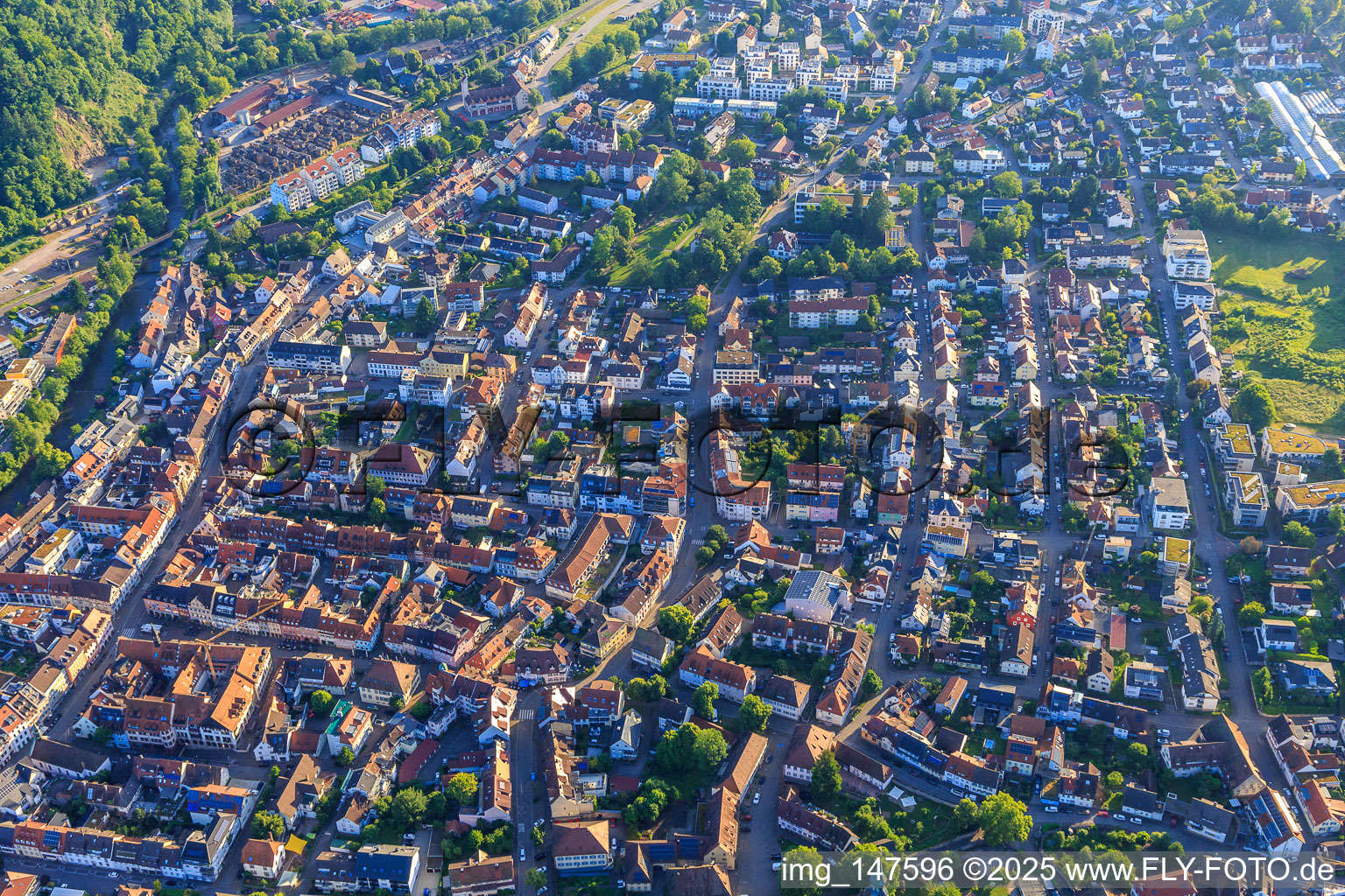 City center from the southwest in Waldkirch in the state Baden-Wuerttemberg, Germany