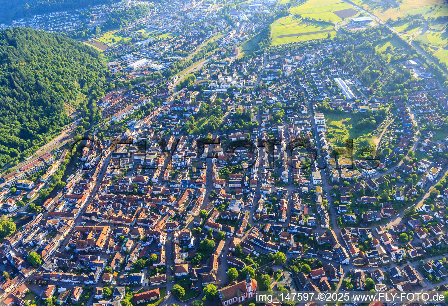 Aerial view of City center from the southwest in Waldkirch in the state Baden-Wuerttemberg, Germany