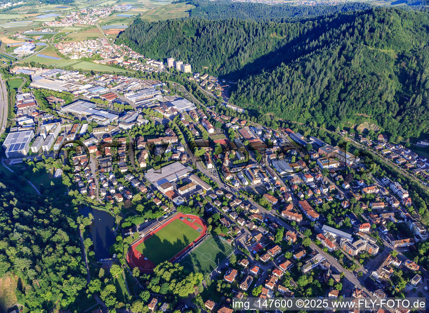 City overview from the east in Waldkirch in the state Baden-Wuerttemberg, Germany