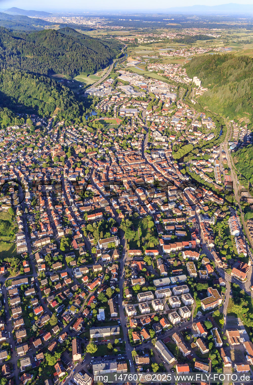 Aerial view of City overview from the northeast in Waldkirch in the state Baden-Wuerttemberg, Germany