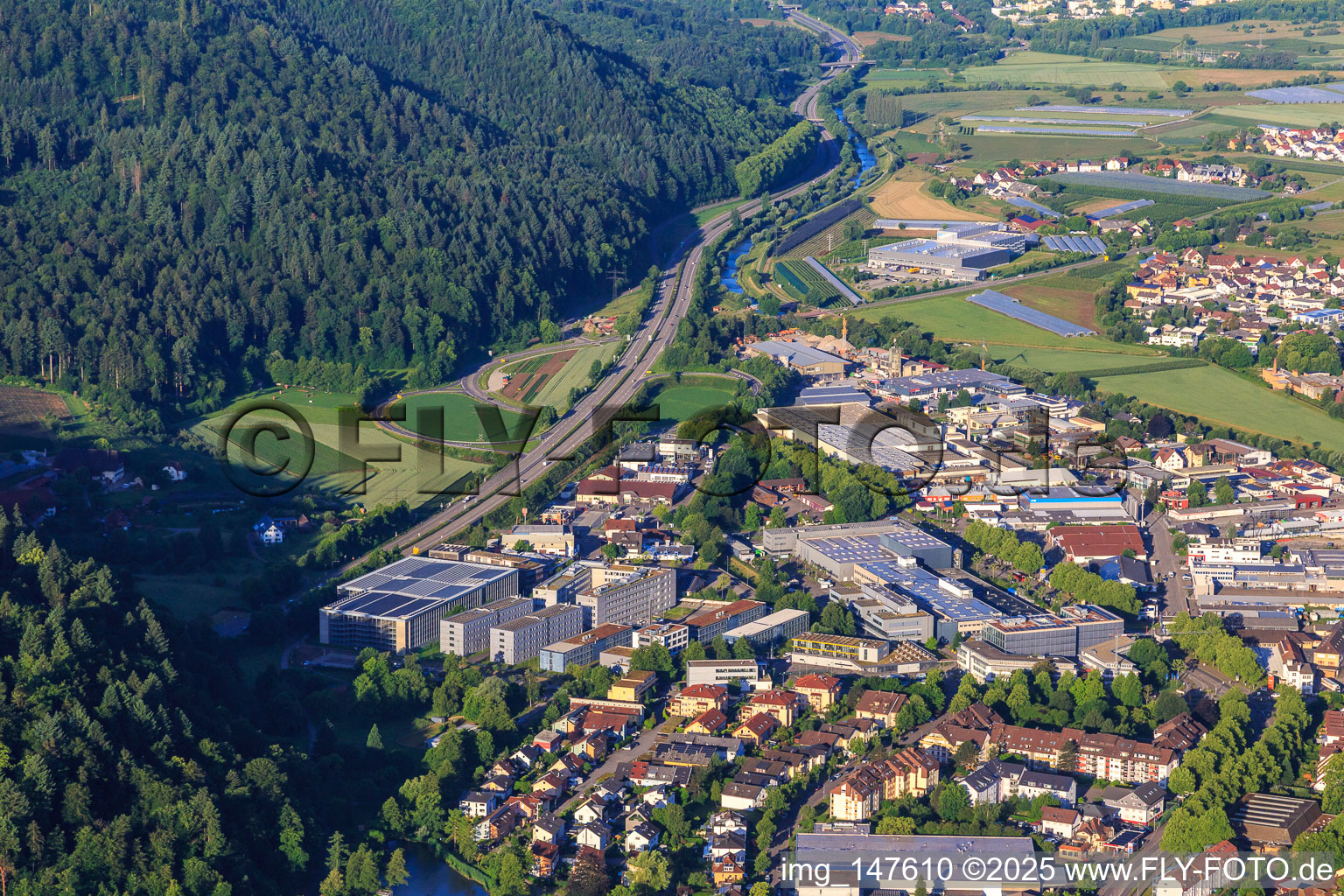 Industrial area with SICK AG from the east in Waldkirch in the state Baden-Wuerttemberg, Germany