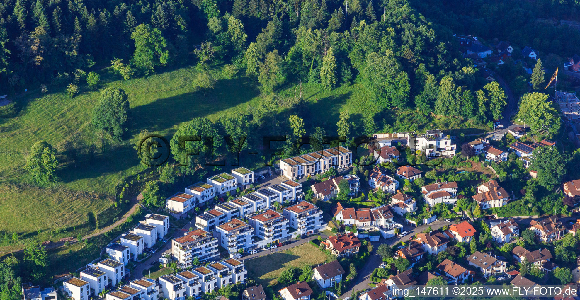 Aerial view of New development area Anneliese-Licht-Straße in Waldkirch in the state Baden-Wuerttemberg, Germany