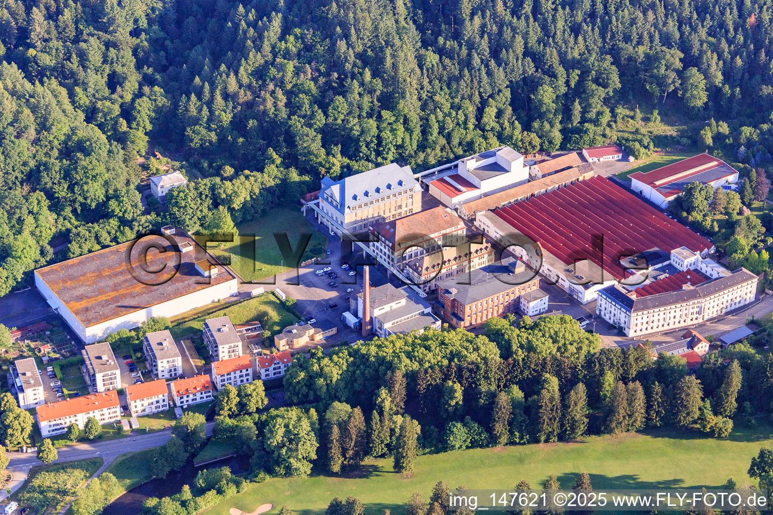 Aerial view of Gütermann GmbH in Gutach im Breisgau in the state Baden-Wuerttemberg, Germany