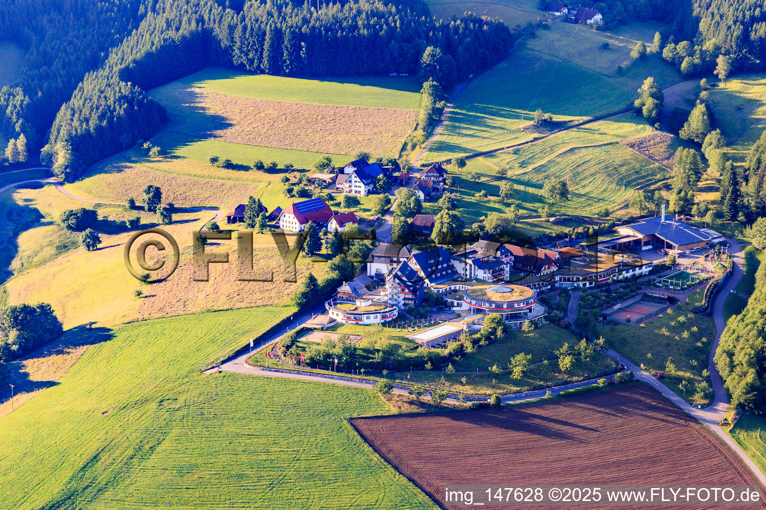 Aerial view of Elztalhotel with round indoor pool in the district Rüttlersberg in Winden im Elztal in the state Baden-Wuerttemberg, Germany