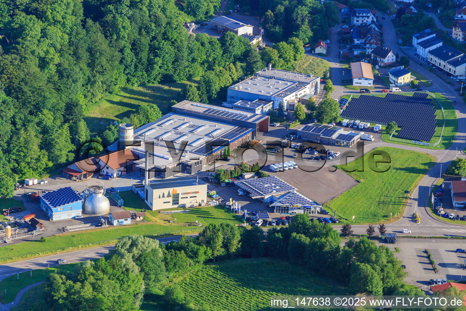 Telfer Straße industrial estate with Gustav Winterhalter slaughterhouse, Becherer Möbelwerkstätten Innenausbau GmbH, Hin car dealership headquarters Elzach, sewage treatment plant Elzach in the district Weinersberg in Elzach in the state Baden-Wuerttemberg, Germany