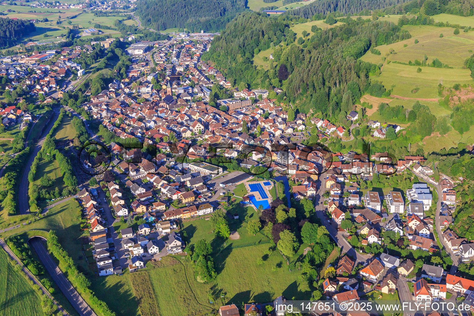 Aerial photograpy of Village view in the Elz Valley from the northeast in the district Wellishöfe in Elzach in the state Baden-Wuerttemberg, Germany