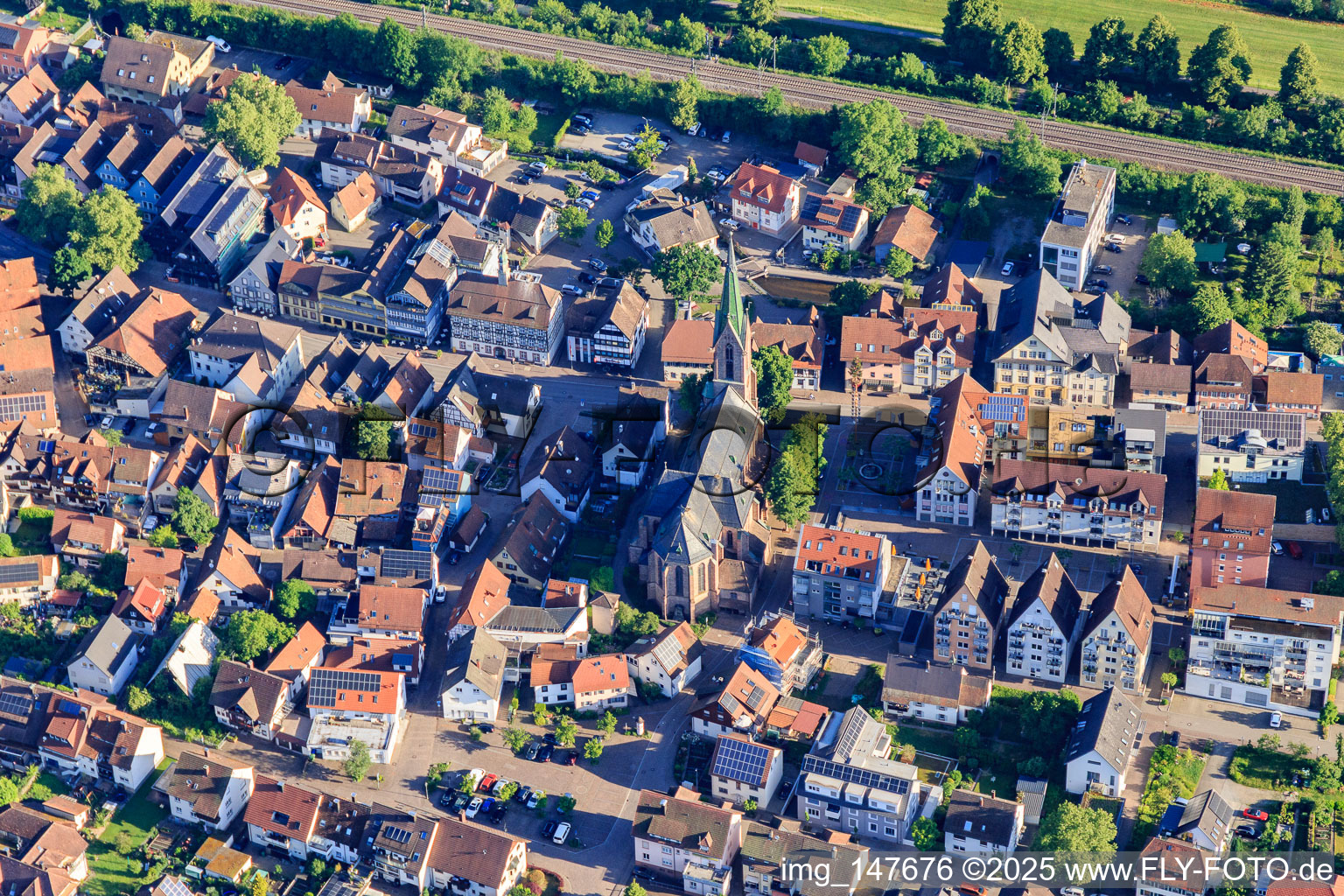Main street with St. Mauritius Church in Hausach in the state Baden-Wuerttemberg, Germany