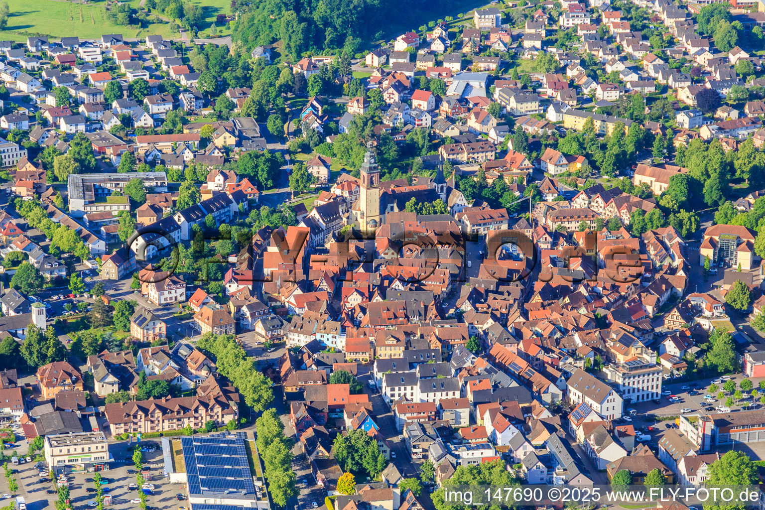 Historic city center from the north with St. Arbogast Church in Haslach im Kinzigtal in the state Baden-Wuerttemberg, Germany