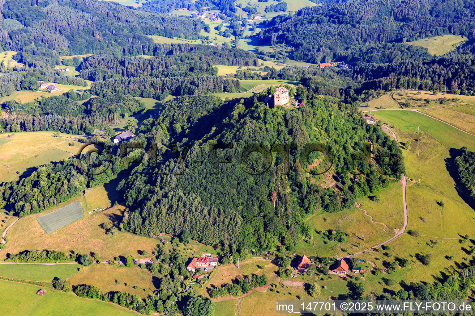Aerial view of Castle ruins Hohengeroldseck on the Schloßberg from the south in Seelbach in the state Baden-Wuerttemberg, Germany