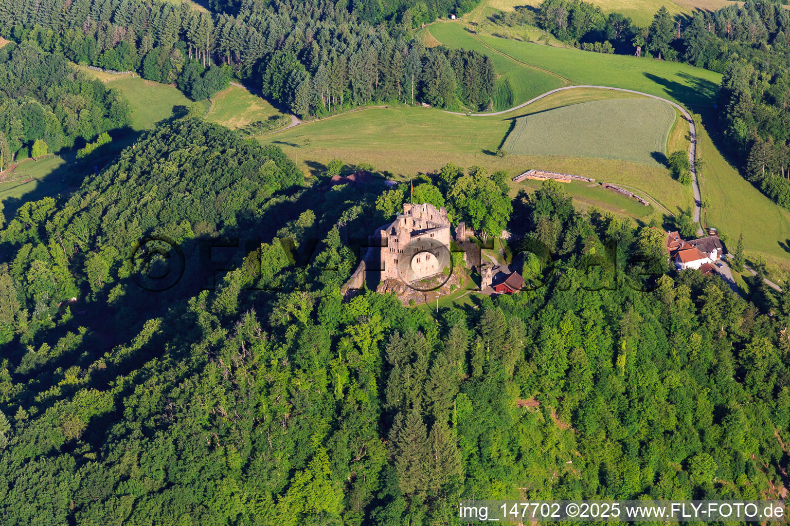 Aerial photograpy of Castle ruins Hohengeroldseck on the Schloßberg from the south in Seelbach in the state Baden-Wuerttemberg, Germany