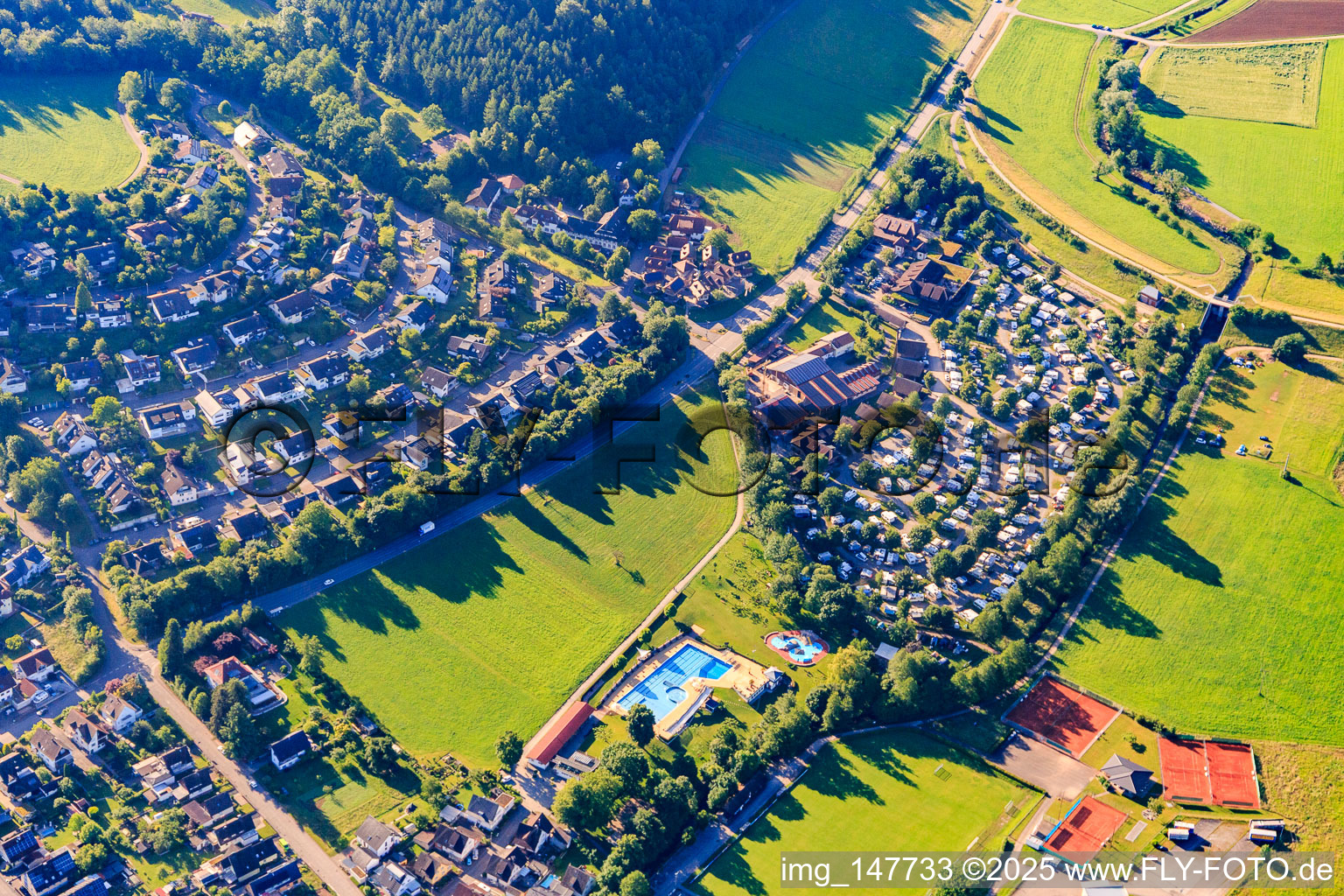 Aerial view of Holiday paradise Schwarzwälder Hof, campsite play barn at the family pool Seelbach in Seelbach in the state Baden-Wuerttemberg, Germany