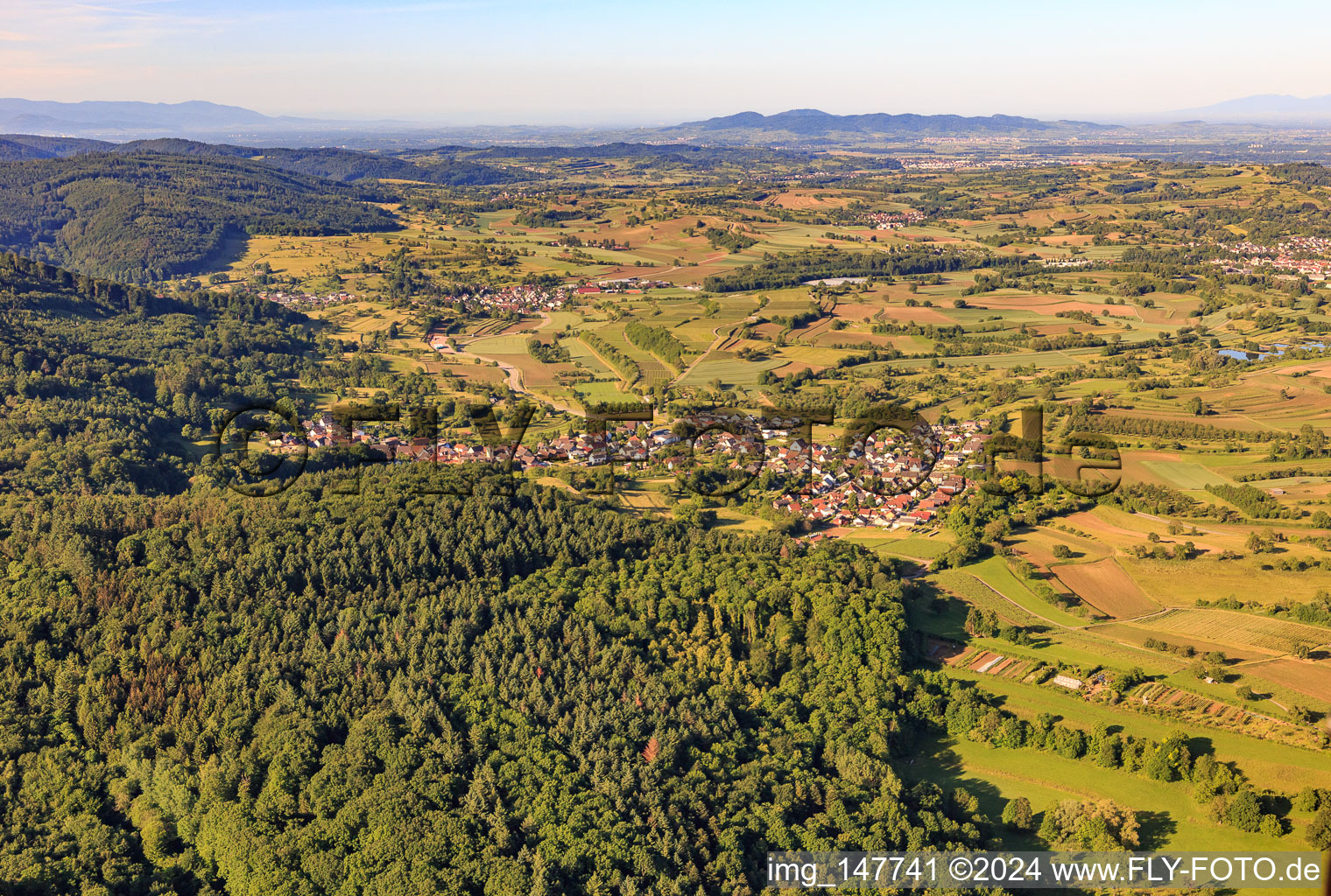 Village overview from the northeast in the district Wallburg in Ettenheim in the state Baden-Wuerttemberg, Germany