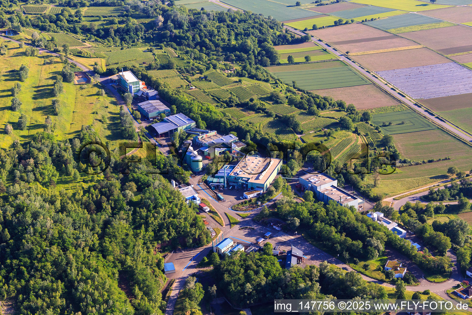 Aerial view of Landfill of the Kahlenberg Waste Treatment Association surrounded by vineyards in Ringsheim in the state Baden-Wuerttemberg, Germany