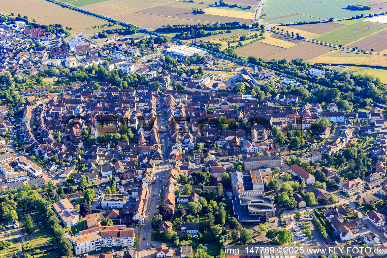 Aerial view of Main street from the north in the district Wonnental in Kenzingen in the state Baden-Wuerttemberg, Germany