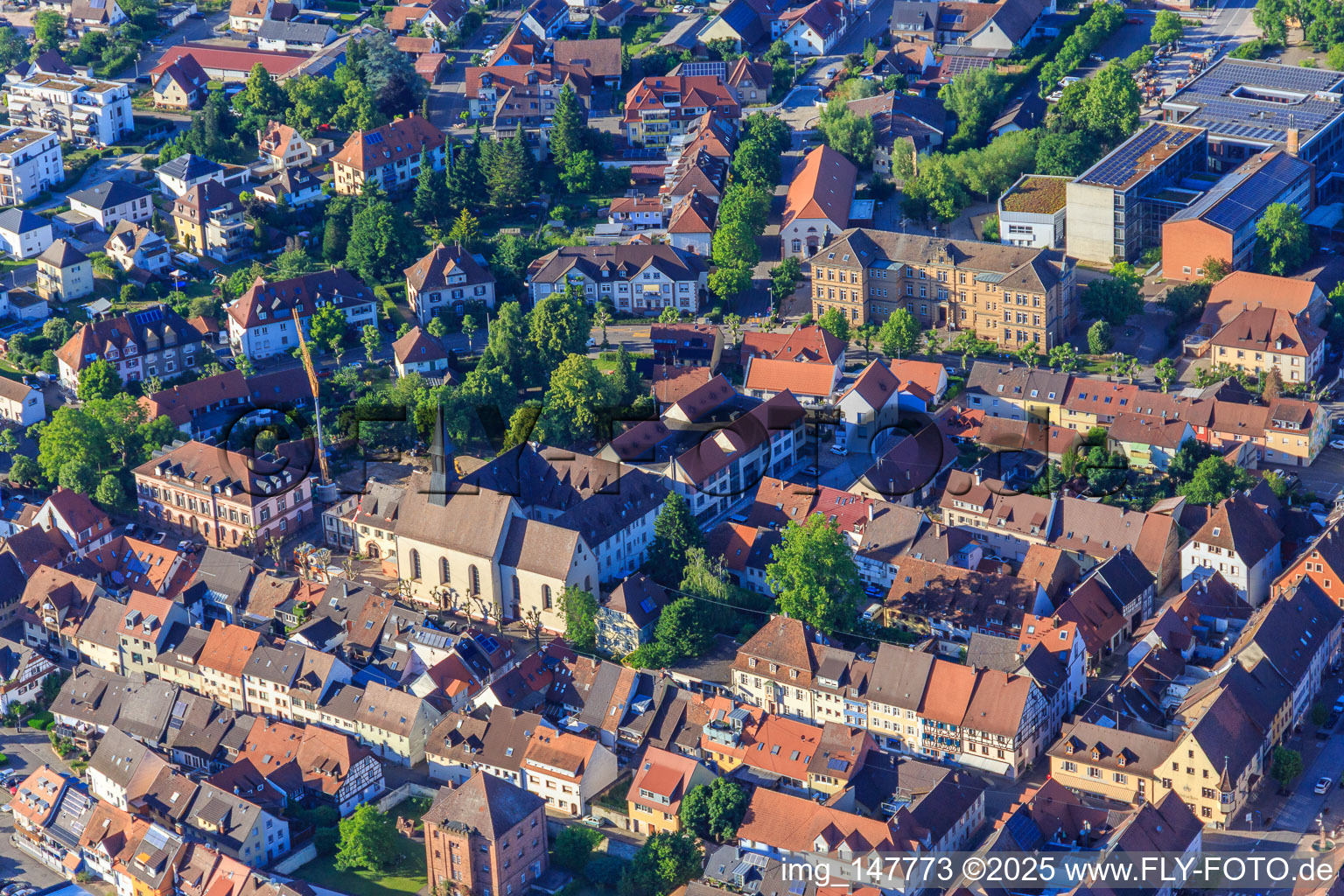 Evangelical Church Kenzingen and Primary School at the Kleine Elz Kenzingen in the district Wonnental in Kenzingen in the state Baden-Wuerttemberg, Germany