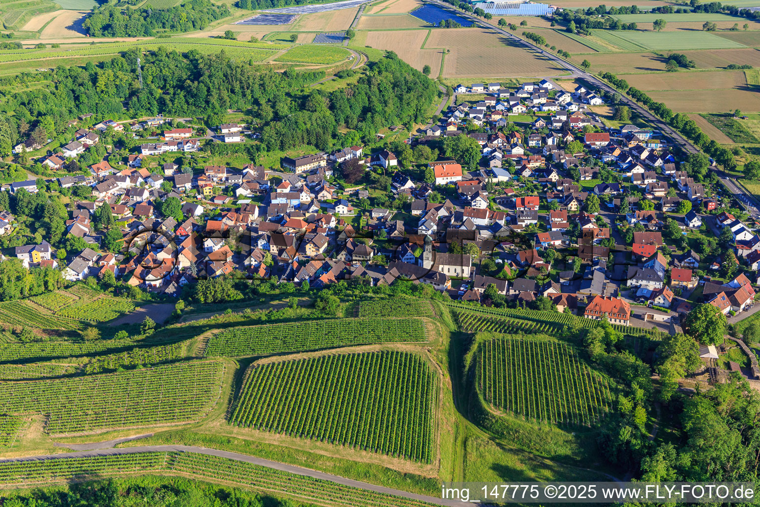 Wine-growing village at the foot of the vineyards from the north in the district Hecklingen in Kenzingen in the state Baden-Wuerttemberg, Germany