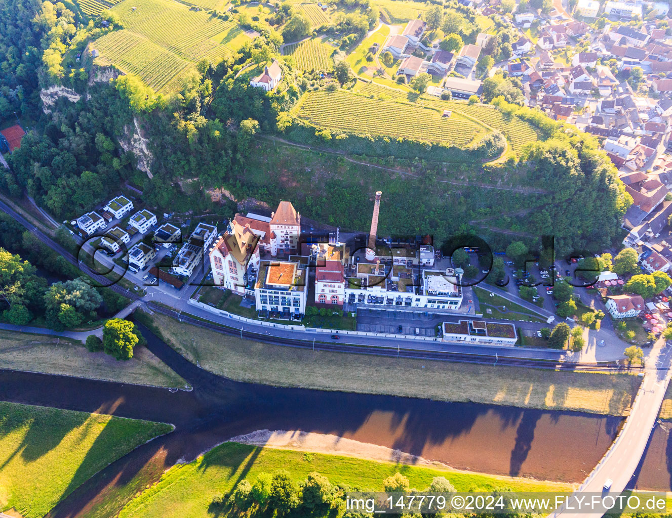 Aerial view of Former Riegeler Brewery on the Elz with Messmer Art Gallery and Römerbräu Riegel - Brewery in Riegel am Kaiserstuhl in the state Baden-Wuerttemberg, Germany