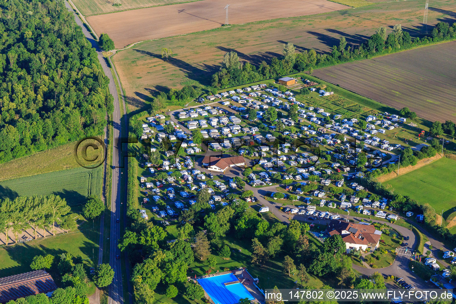 Aerial view of Kaiserstuhl Camping and Kaiserstuhlbad in Ihringen in the state Baden-Wuerttemberg, Germany