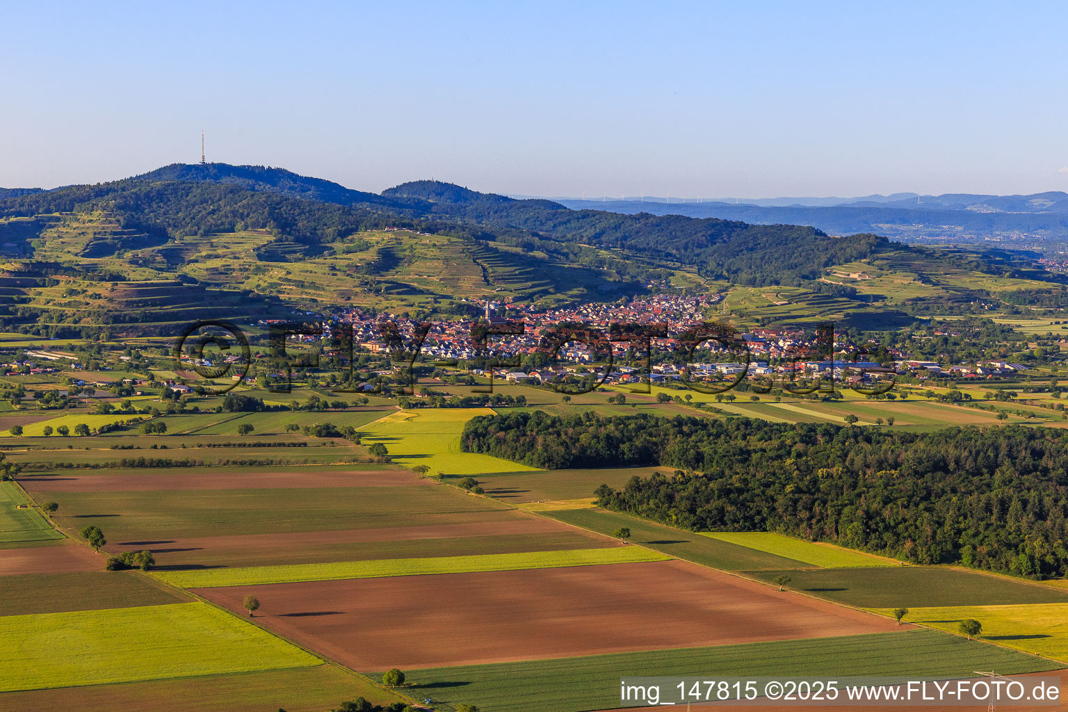 Wine-growing village on the Kaiserstuhl from the south in Ihringen in the state Baden-Wuerttemberg, Germany