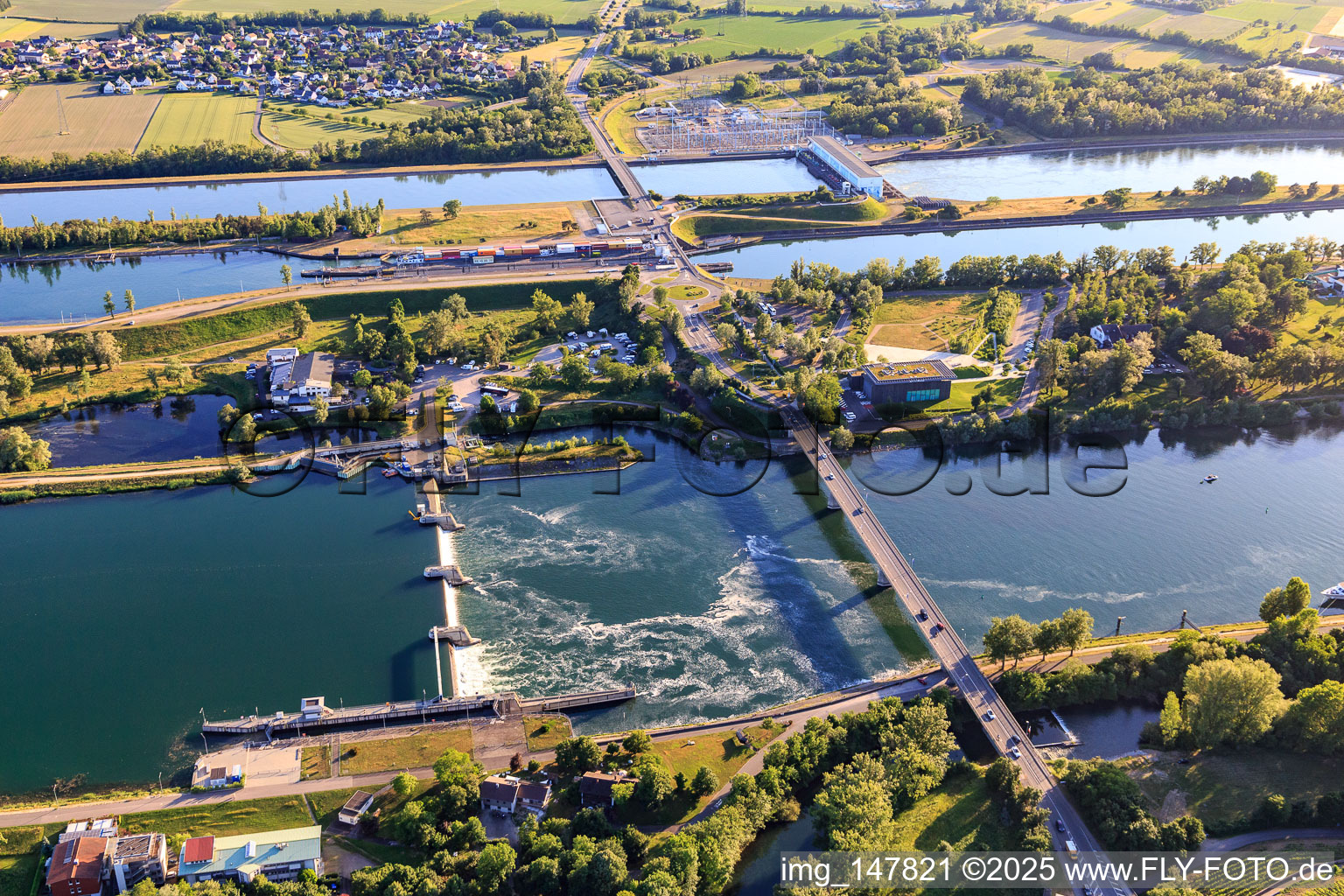 Aerial view of Weir in the Rhine and bridge for the B31 over the Rhine to the Rhine island in Breisach am Rhein in the state Baden-Wuerttemberg, Germany