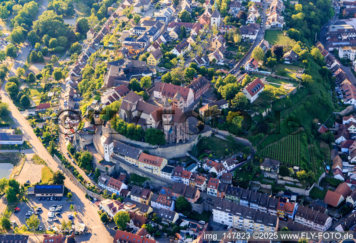 Aerial view of Breisach Minster St. Stephen in Breisach am Rhein in the state Baden-Wuerttemberg, Germany