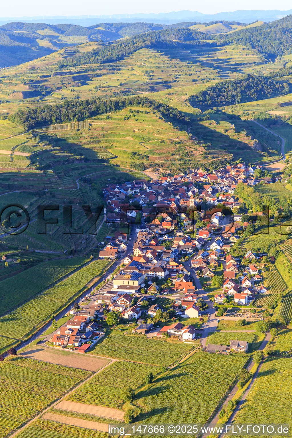 Wine-growing village in the Kaiserstuhl from the southwest in the district Achkarren in Vogtsburg im Kaiserstuhl in the state Baden-Wuerttemberg, Germany