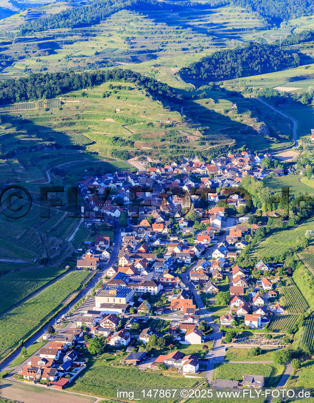 Aerial view of Wine-growing village in the Kaiserstuhl from the southwest in the district Achkarren in Vogtsburg im Kaiserstuhl in the state Baden-Wuerttemberg, Germany