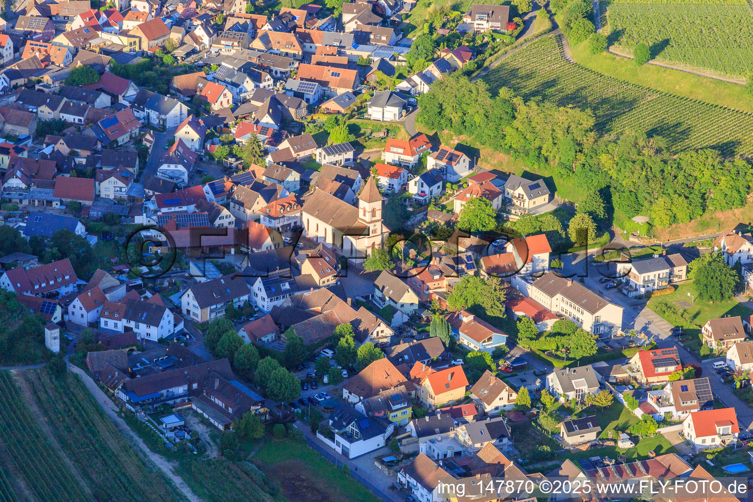 Wine-growing village in the Kaiserstuhl with St. George's Church from the west in the district Achkarren in Vogtsburg im Kaiserstuhl in the state Baden-Wuerttemberg, Germany